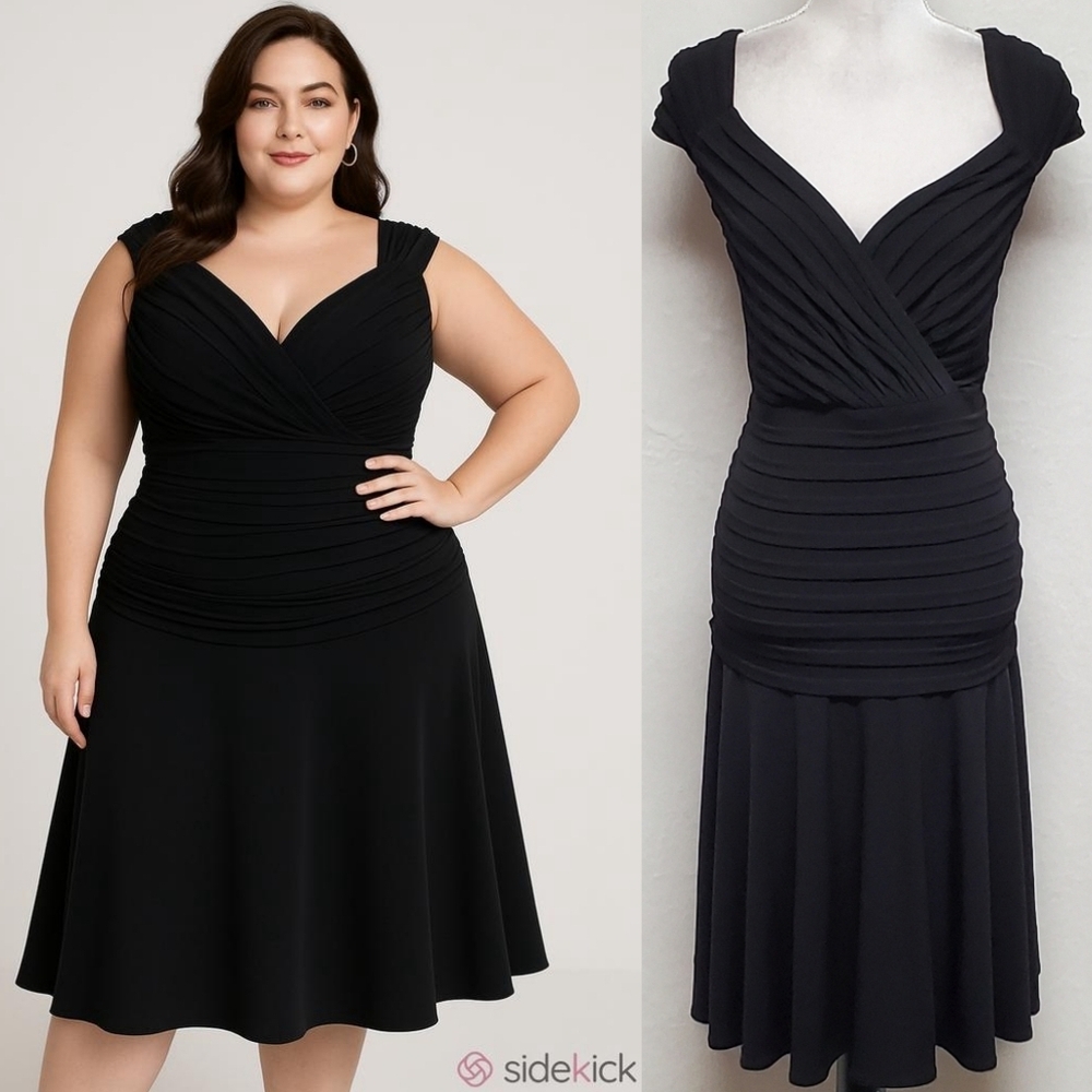 90s Vintage London Times Black Pleated Plunging Neckline Drop Waist Midi Dress